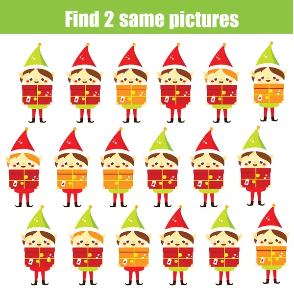 Juego educativo para niños. Encuentra las mismas fotos. Encuentra a dos Santa elfos idénticos. Diversión de Navidad para niños y niños pequeños — Archivo Imágenes Vectoriales