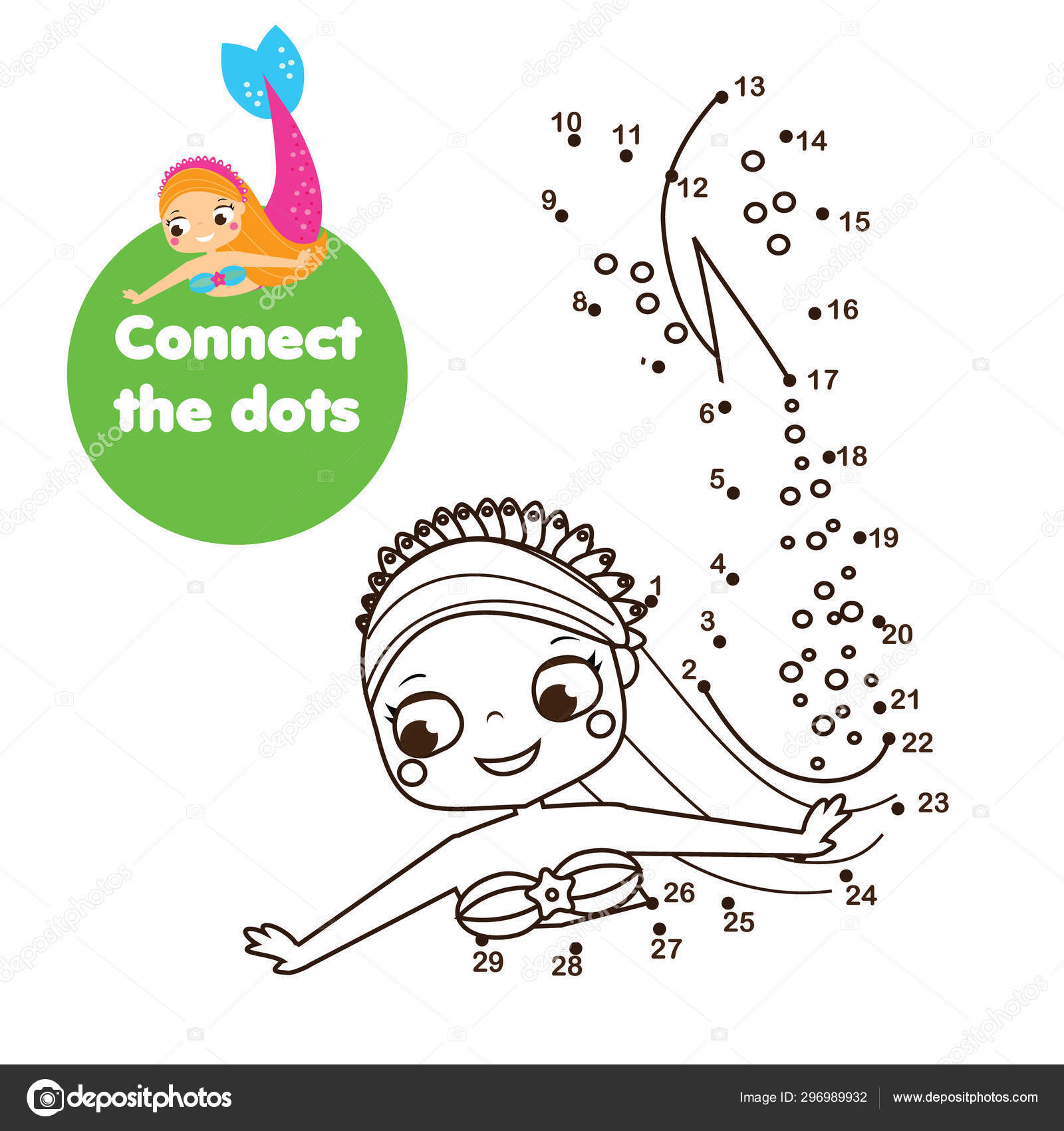 Crtoon mermaid. Connect the dots. Dot to dot by numbers activity for