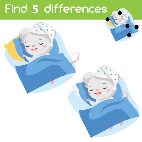 Encontrar las diferencias juego educativo de los niños. Actividad infantil con ratón dormido de dibujos animados — Vector de stock