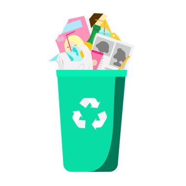 Çöp tenekesinde çöp. Ev atıkları. Kağıt, plastik, cam ve diğer ıvır zıvır. İzole vektör klipsi sanatı