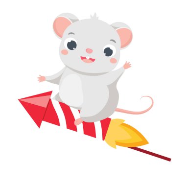 Çizgi film faresi. Ateşin üzerinde oturalı sevimli bir sıçan. 2020 Çin takviminin sembolü