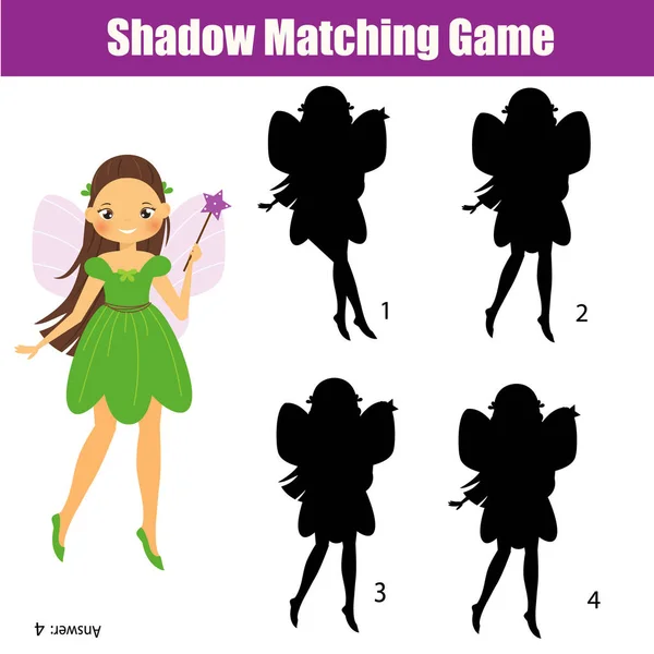 Hra pro porovnávání stínů. Dětská aktivita s kreslenou vílí. zábavná stránka pro batoláky — Stockový vektor