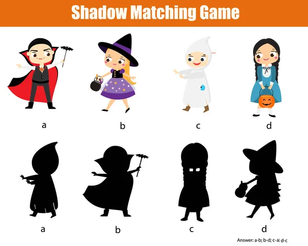 Jeu d'ombres assorties. Activité pour enfants avec les enfants Halloween. page amusante pour les tout-petits — Image vectorielle