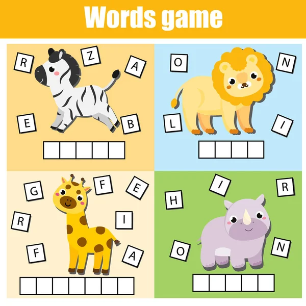 Afrikanische Tiere. Schreiben Sie fehlende Buchstaben und vollständige Wörter. Kreuzworträtsel für Kinder und Kleinkinder. Bildungsspiel für Kinder. — Stockvektor
