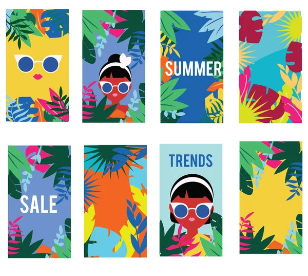 Plantillas de historias de redes sociales. Banners y marcos de moda coloridos con planta tropical, mujer y accesorios — Archivo Imágenes Vectoriales