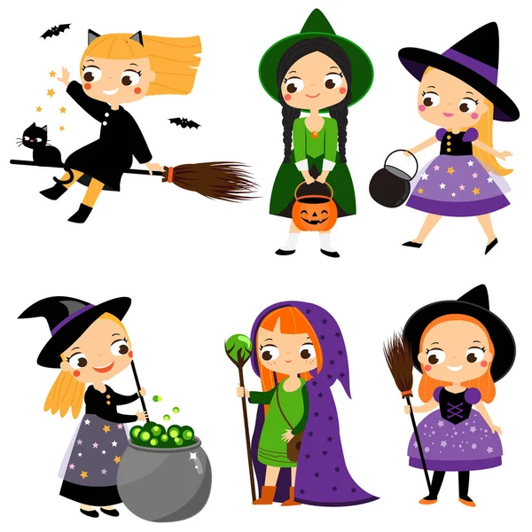 Roztomilá čarodějnice. Kreslené dívky v kouzelnických kostýmech. Halloween postavy — Stockový vektor