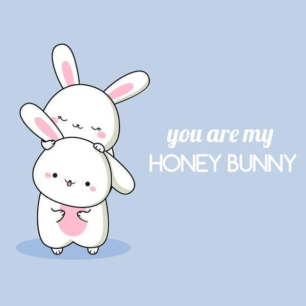 Cartoon kawaii rabbits. Cute hare characters with typography you are my honey bunny. illustration for romantic cards and prints — 스톡 벡터