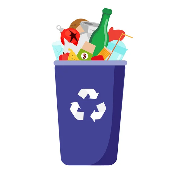 Poubelle avec déchets. Bouteilles, plastique, verre et autres ordures ménagères. Clip art vectoriel isolé — Image vectorielle