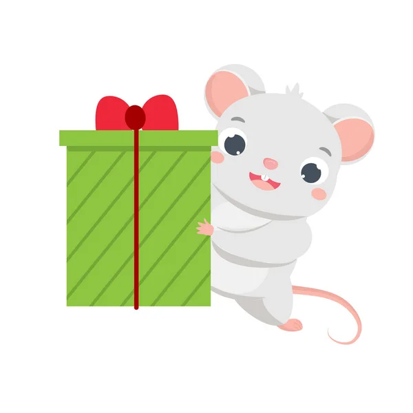 漫画のマウス。かわいいネズミはギフトボックスを保持します。2020年中国暦のシンボル — ストックベクタ