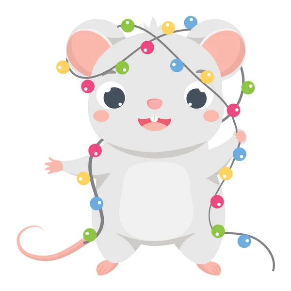 Ratón de dibujos animados. Linda rata en la guirnalda baubles luz año nuevo. Símbolo del calendario chino 2020 — Vector de stock