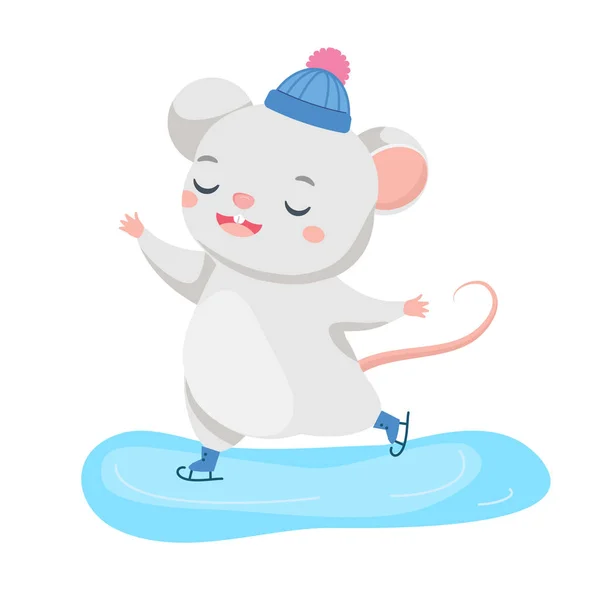 Ratón de dibujos animados. Linda rata disfrutar del patinaje sobre hielo — Vector de stock