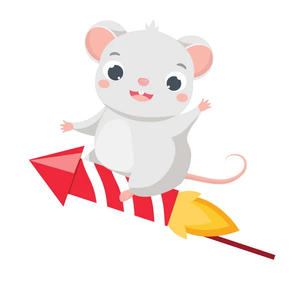 Ratón de dibujos animados. Bonita rata sentada en fuegos artificiales. Símbolo del calendario chino 2020 — Vector de stock