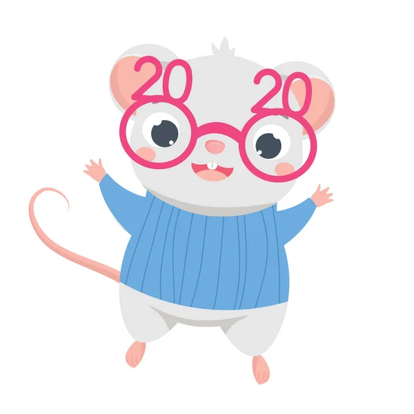 Ratón de dibujos animados. Linda rata con gafas de fiesta graciosas. Símbolo del calendario chino 2020 — Vector de stock