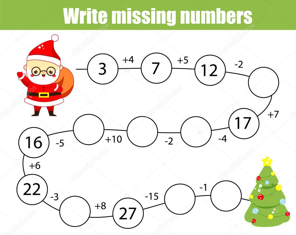 Mathematics educational game for children. Complete the row, write missing numbers. Solve the equation and help Santa find Christmas tree