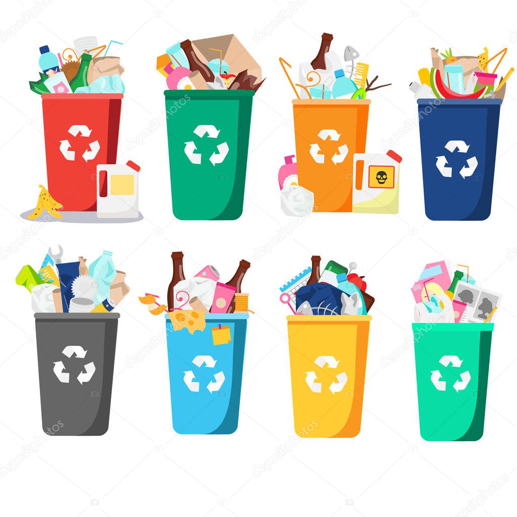 trash bin set. containers full of all types garbage and waste. Bottles, plastic, glass and other household rubbish. collection of Isolated vector clip art