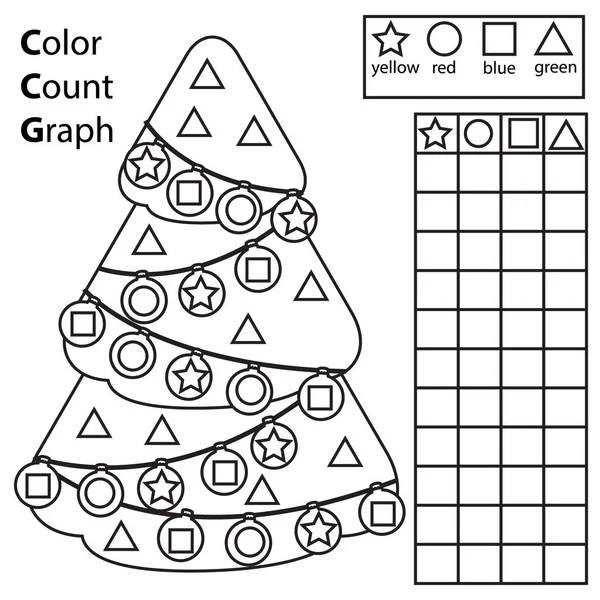 Колір, підрахунок і графік. Освітня гра для дітей. Колір різдвяної ялинки і фігури підрахунку. Друкований аркуш для дітей та малюків — стоковий вектор