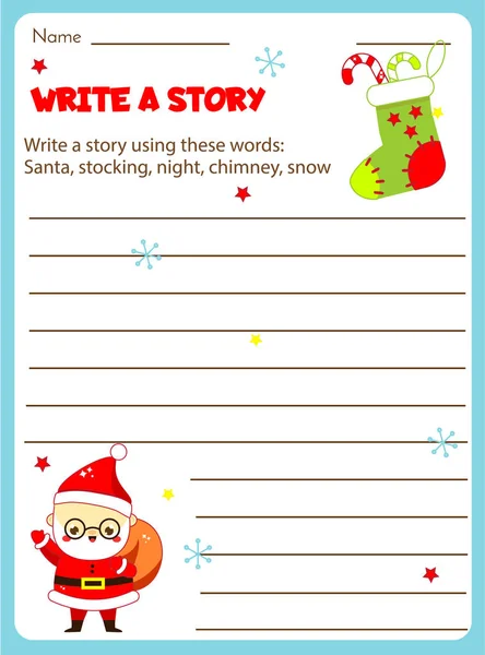 Escrevendo prompt para crianças em branco. Página de crianças educativas. Desenvolver fantasia e escrever histórias habilidades. Natal e ano novo feriados tema —  Vetores de Stock