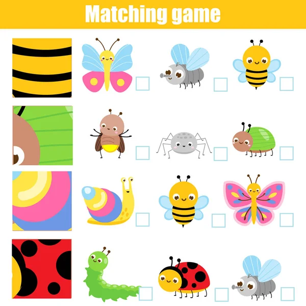 Odpovídající hra. Vzdělávací dětské aktivity s roztomilým hmyzem. Odpovídá otcovství a objektům — Stockový vektor