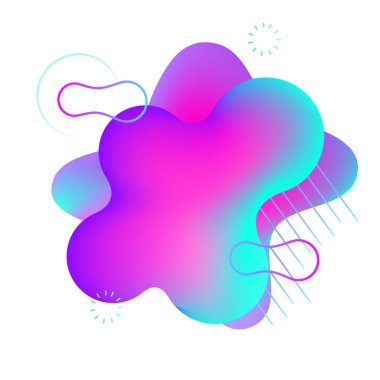 Beyazın üzerinde yalıtılmış sıvı şekli. Mavi ve mor noktalar ve soyut elementler