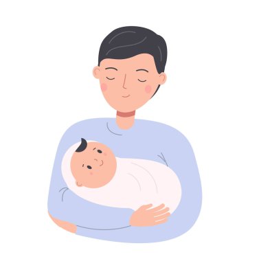 Babam uyuyan küçük bir çocuk tutuyor. Babam bebekli. Erkek hemşire bebek. Ebeveynlik karakteri