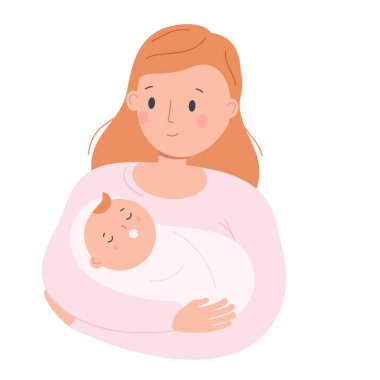 Anne küçük uyuyan çocuğu kucağına al. Anne ve bebek. Kadın hemşire yeni yürümeye başladı. Ebeveynlik karakteri