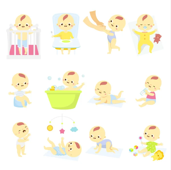Baby set. Crianças de desenhos animados em diferentes posições. A criança recém-nascida se desenvolve. Choro, tomar banho, brincar, comer —  Vetores de Stock