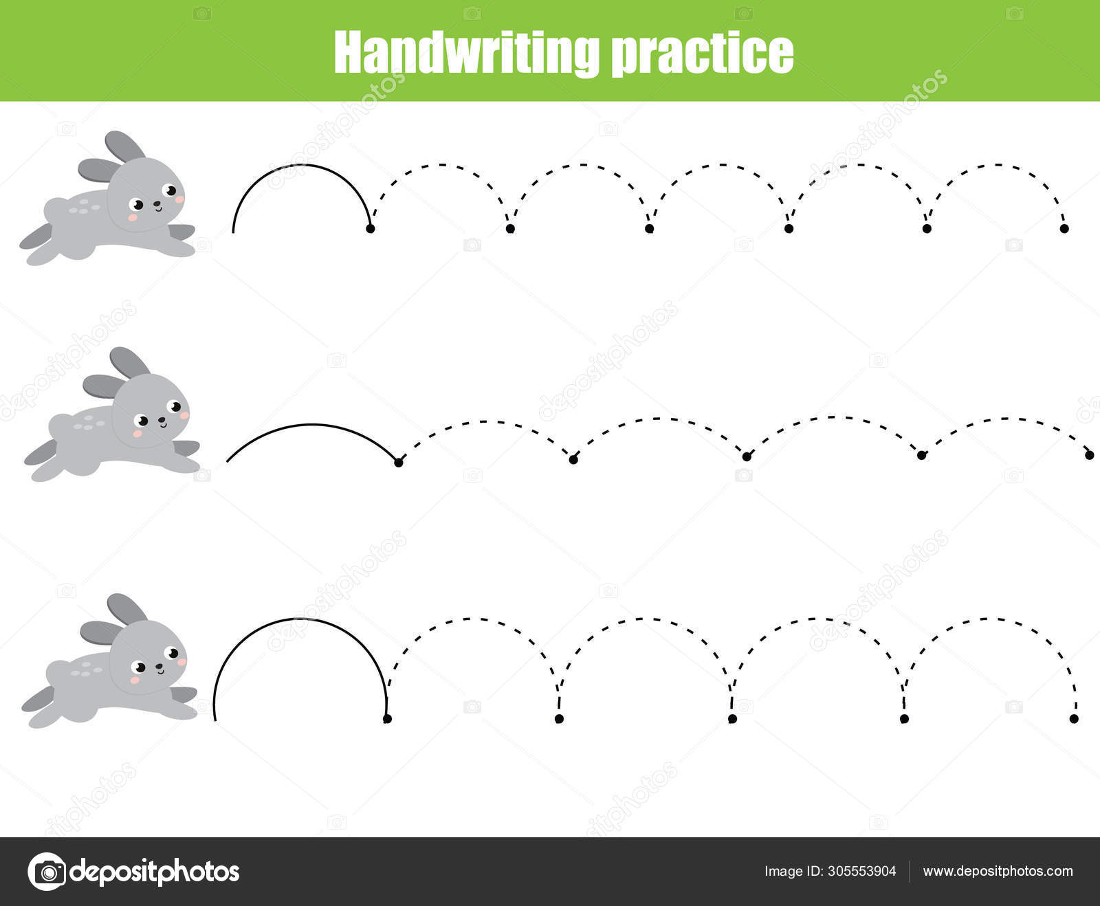 Cute rabbit jump. Handwriting practice sheet. Educational children game.  Tracing lines for kids and toddlers Stock Vector by ©ksuklein 305553904