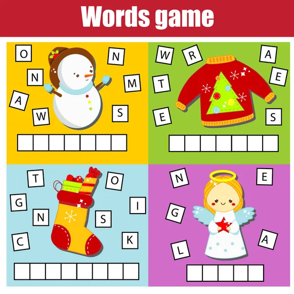 子供や幼児のためのクリスマスと新年のテーマワードゲーム。教育的な子供ゲーム. — ストックベクタ