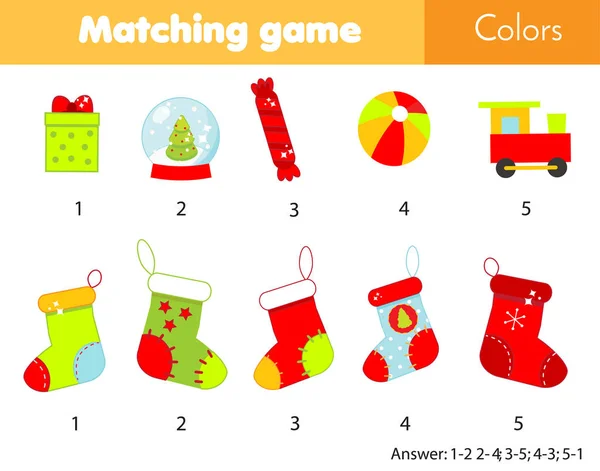 Compartir juegos educativos para niños. Igual de color. Ponga regalos en calcetines. Navidad y Año Nuevo tema de vacaciones — Vector de stock