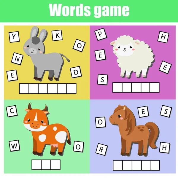 Animaux de ferme. Écrivez les lettres manquantes et les mots complets. Mots croisés pour enfants et tout-petits. Jeu éducatif pour enfants . — Image vectorielle