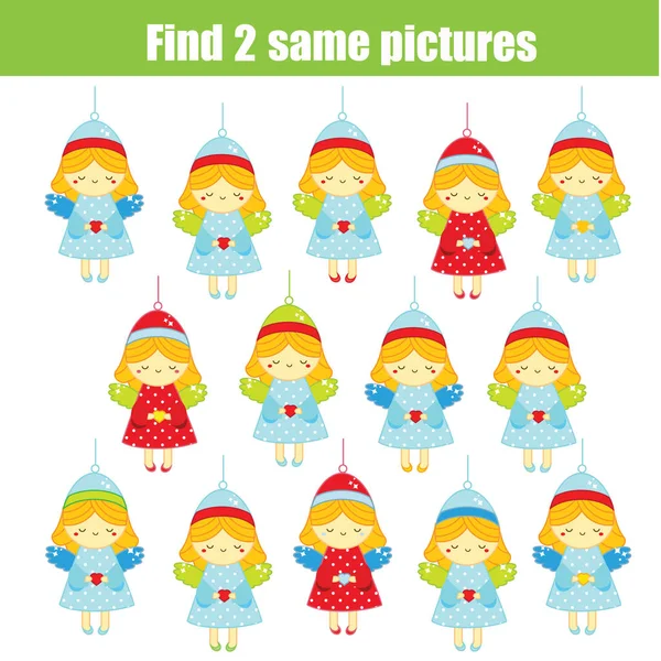 Juego educativo para niños. Encuentra dos fotos iguales. Encuentra ángeles identificativos. Actividad temática navideña para niños y niños pequeños — Vector de stock