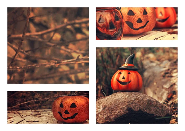 Halloween kollázs vicces tökfejekkel. Leesik a hangulat. Őszi rezgések. Üdvözlőlap, party szórólap tervezés — Stock Fotó