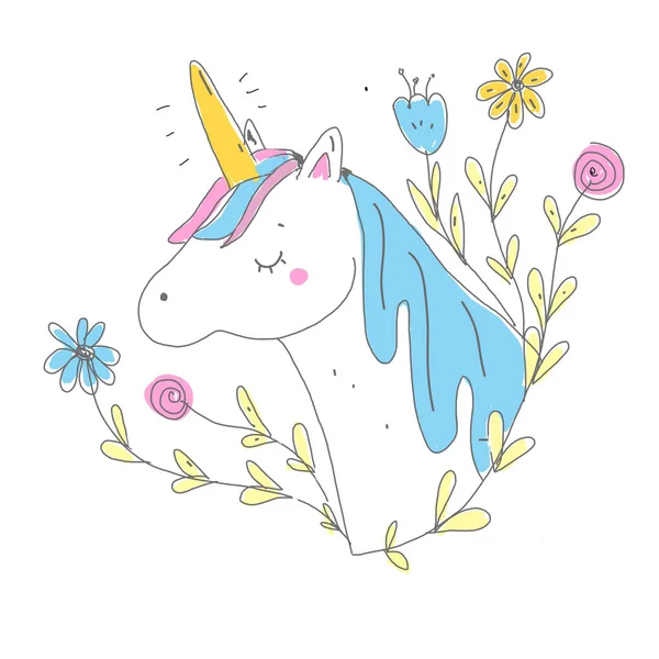 Söt Enhörning Huvud Fairy Ponny Magisk Häst Blommor — Stockfoto