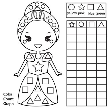 Renk, say ve grafik. Eğitici çocuklar oyunu. Renkli prenses ve sayma şekilleri. Çocuklar ve yeni yürümeye başlayanlar için yazdırılabilir çalışma tablosu.