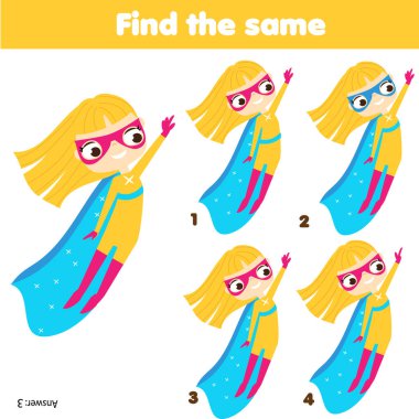 children educational game. Find the same pictures. spot two girls in superhero costume. fun for kids and toddlers clipart
