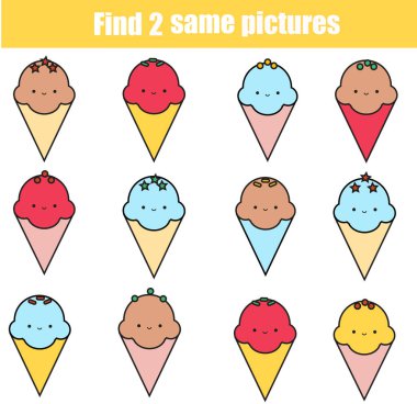 Çocukların eğitici oyunu. Aynı fotoğrafları bul. Benzer iki dondurma fark ettim. Çocuklar ve yeni yürüyenler için eğlence
