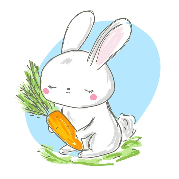 Mignon Lapin Carotte Cultivateur Lièvre Bande Dessinée Adorable Caractère Animal — Image vectorielle