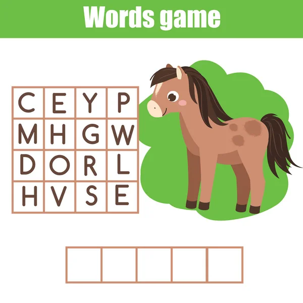 Lernspiel Für Kinder Tiere Thema Wortsuche Puzzle Cartoonpferd — Stockvektor