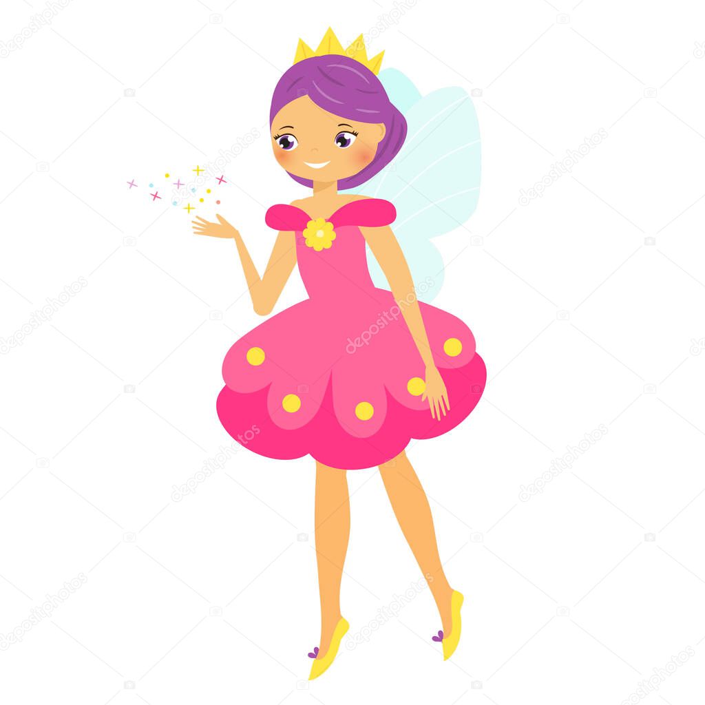 Cute fairy. Cartoon fantasy fairy princess in crown and beautiful dress. Pixie, elf girl