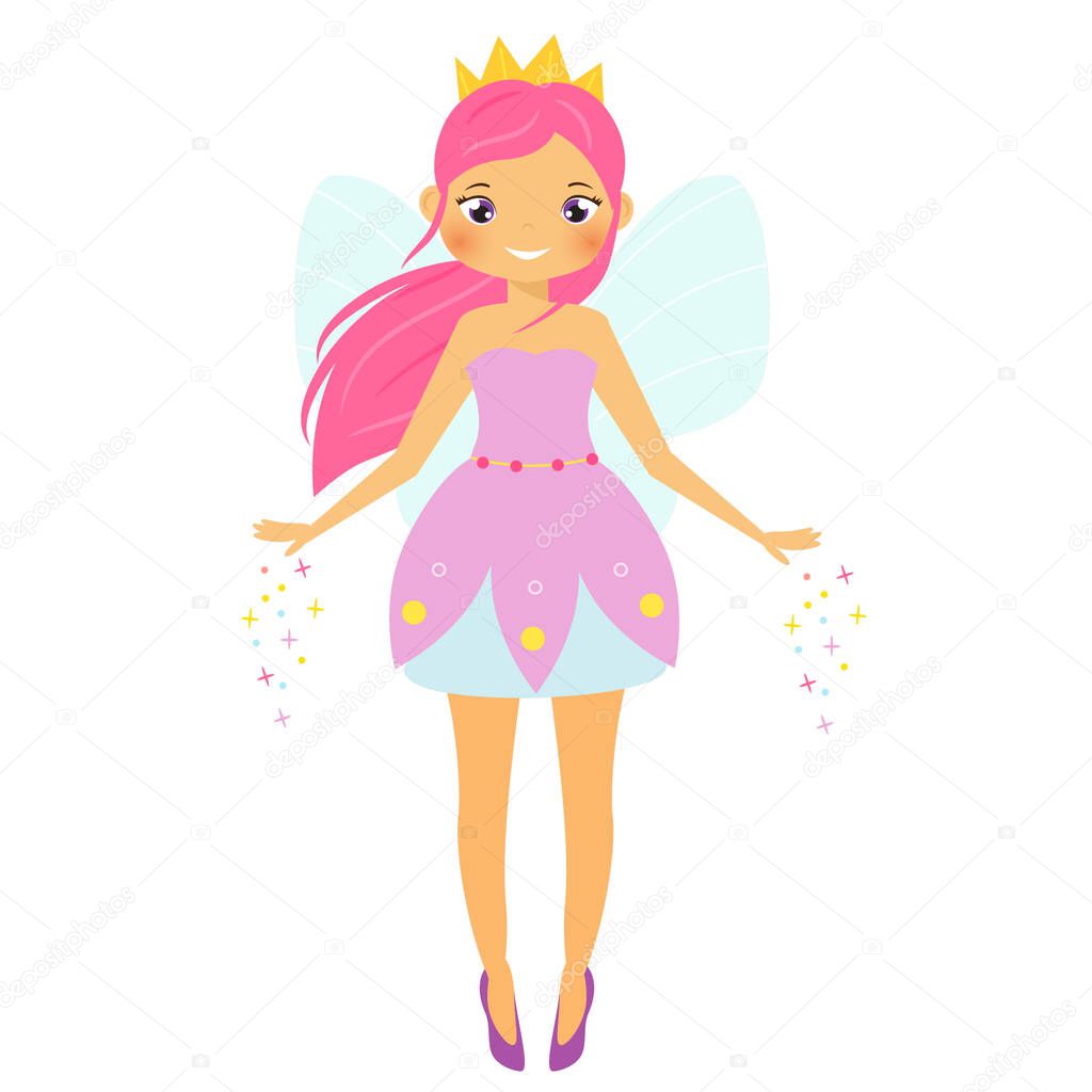 Cute fairy. Cartoon fantasy fairy spread magic dust. Flying Pixie, elf girl with pink hair