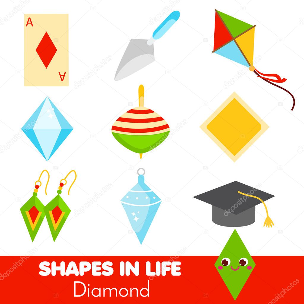 Shapes in life. Diamond, rhombus. Learning cards for kids. Educational infographic for children and toddlers. Study geometric shapes. Visual aid