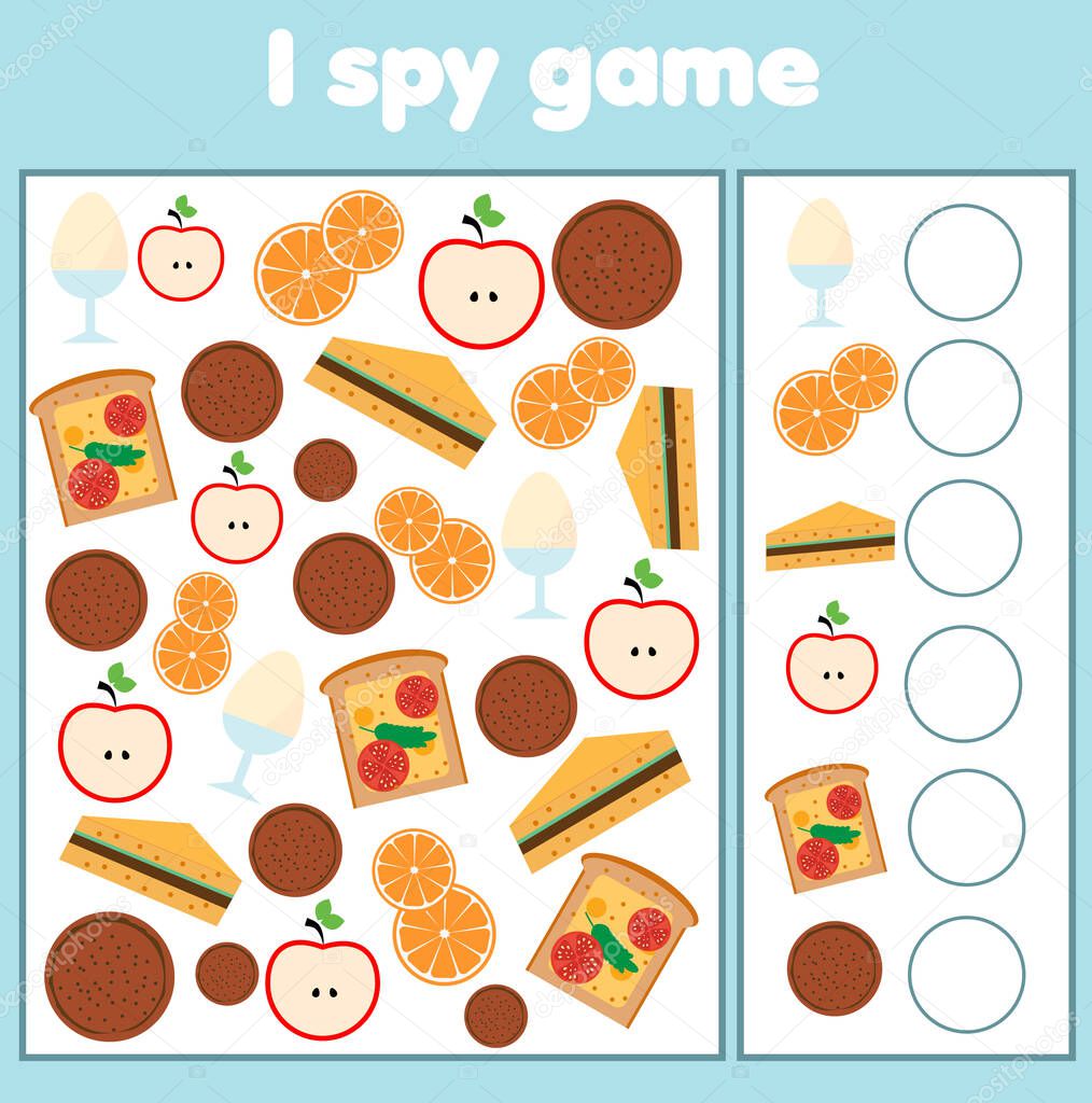 I spy game. Find and count food. Mathematics activity for kids, toddlers, children