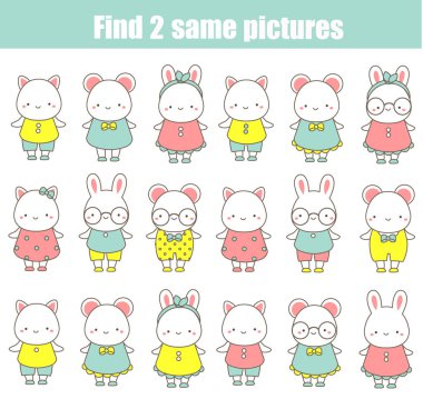 Çocukların eğitici oyunu. Aynı fotoğrafları bul. Tıpatıp aynı olan iki hayvan. Çocuklar ve yeni yürüyenler için eğlence
