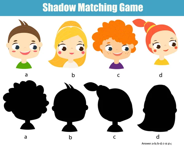 Schaduw Matching Spel Voor Kinderen Vind Juiste Schaduw Voor Cartoon — Stockvector