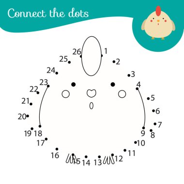 Komik tavuk. Noktaları birleştir. Çocuklar ve yeni yürümeye başlayanlar için nokta nokta sayıya etkinlik. Çocukların eğitici oyunu.