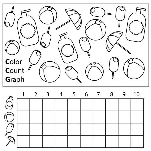 Cor Contagem Gráfico Jogo Crianças Educativas Planilha Impressão Verão Para — Vetor de Stock