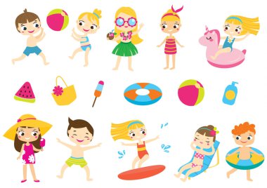 Çocuklar yaz tatili eğlencesine ve dışarıda plaj aktivitesine katılıyor. Çocuklar mevsimlik tatil oyunlarını, yüzmeyi, oynamayı, sörf yapmayı ve diğer şeyleri severler.