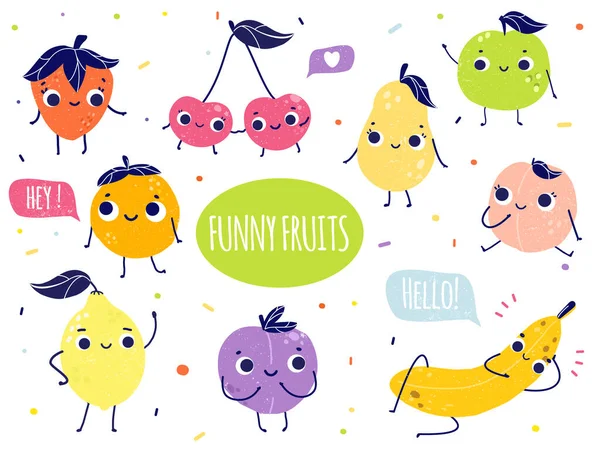Big Collection Funny Fruits Berries Cartoon Characters Apple Banana Cherry Stock Illustration