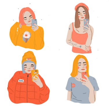 Çizgi filmdeki kızlar akıllı telefonla selfie çekiyorlar. Modern genç kadın koleksiyonu telefonlarla eğleniyor..