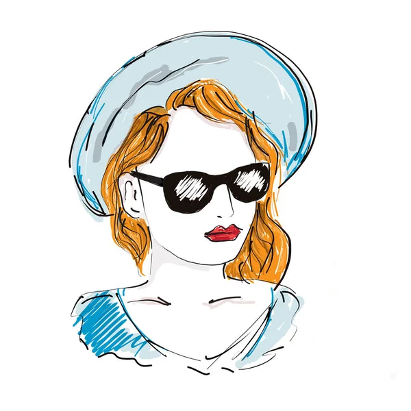Junge Frau Mit Blauem Sommerhut Und Sonnenbrille Elegantes Frauenporträt Illustrationsskizze — Stockfoto
